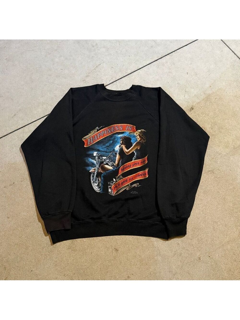 Vintage 1986 3D Emblem Motorcycle Sweatshirt Happiness Is Biker Black 80s